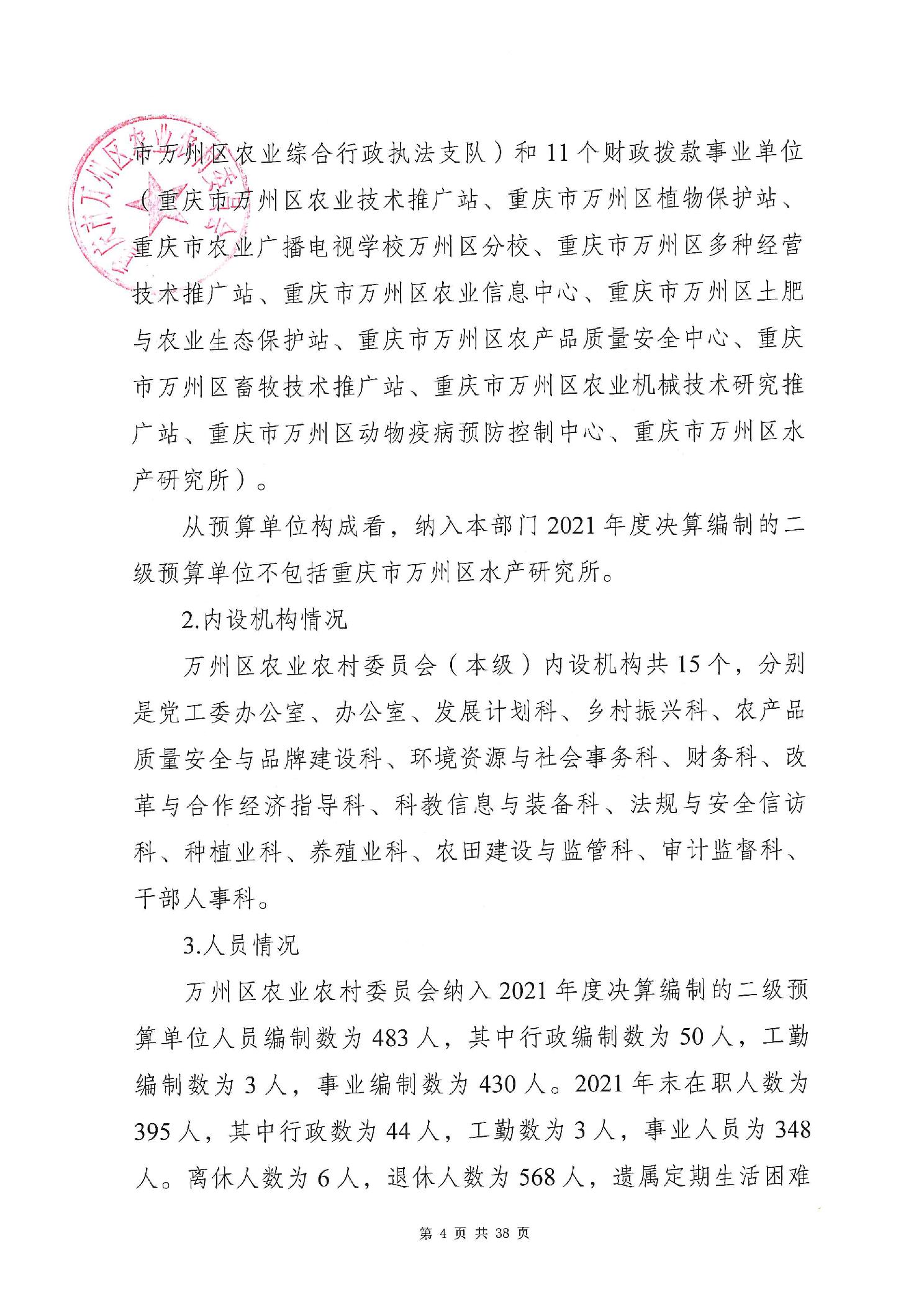 重庆市万州区农业农村委员会2021年度部门决算情况说明
